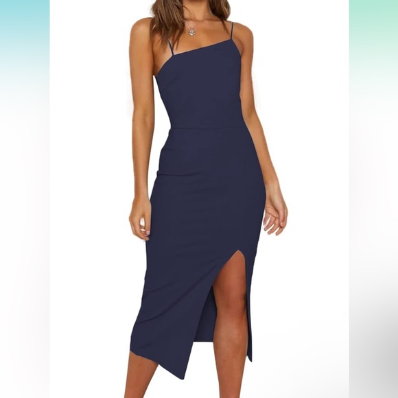 NWT Spaghetti Straps Split Hem Bodycon Midi Dress Navy - Picture 1 of 4